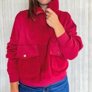 AEMI + CO Berry Red Pullover Quarter Zip Jacket Slouch Crop NWOT / Medium